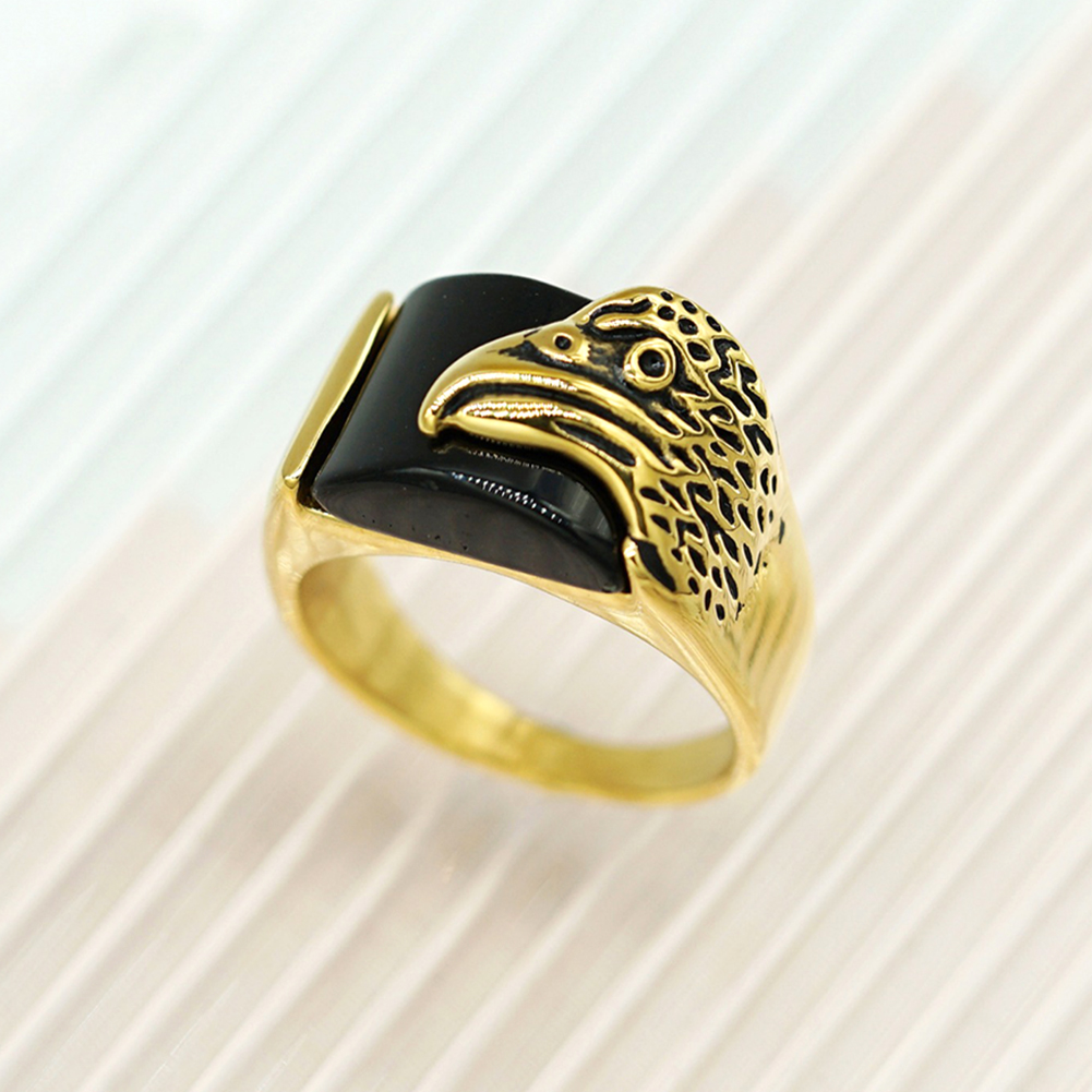 Hip Hop Hawk Head Black Agate Casting Ring Stainless Steel 18k Gold Plated Mens Jewelry