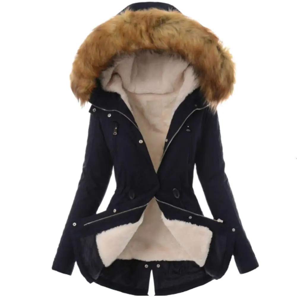 Warm Winter Women Faux Fur Hooded Cotton Down Jacket Casual Outwear Long Overcoat 241018