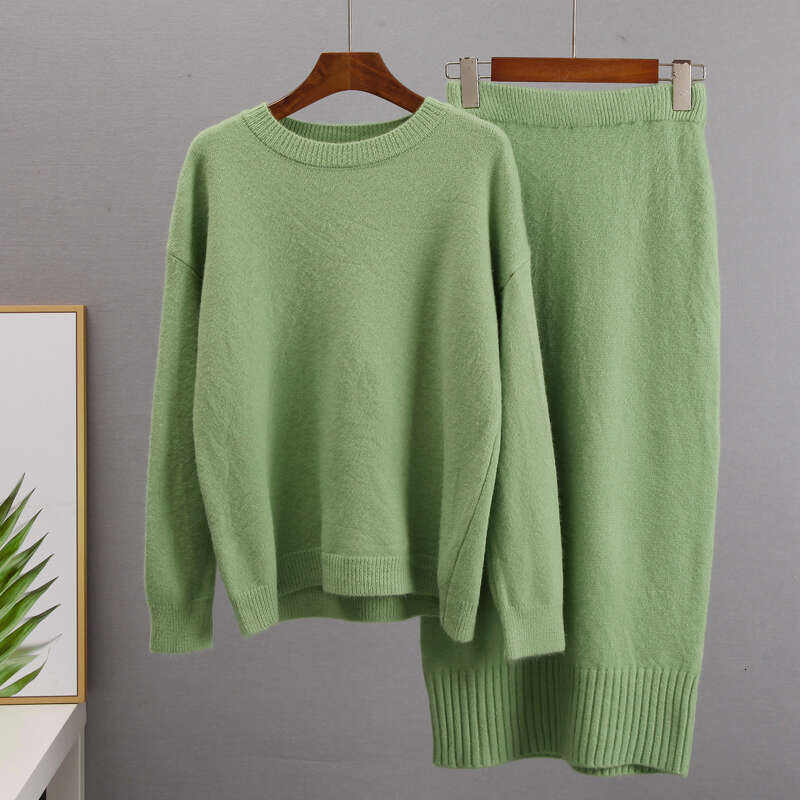 Hirsionsan Soft Elegant Vintage Women Suits 2023 New 2 Pieces Female Sets O Neck Sweater & Midi Dress Ladies Knitted Tracuit