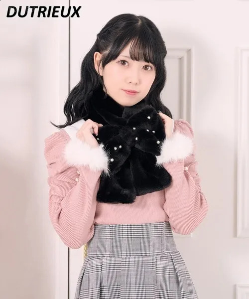Japanese Cute Girl Cute Bow Scarf Winter Kawai Plush Rabbit Fur Warm Scarf Female Lolita Accessories Girl Black Scarf 241017