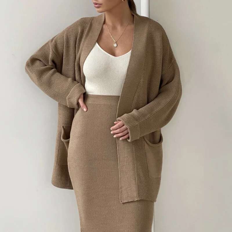 Hirsionsan Soft Vintage Lace Up Women Suits 2 Pieces Female Sets With Belt V Neck Cardigan & Midi Dress Ladies Knitted Tracuit