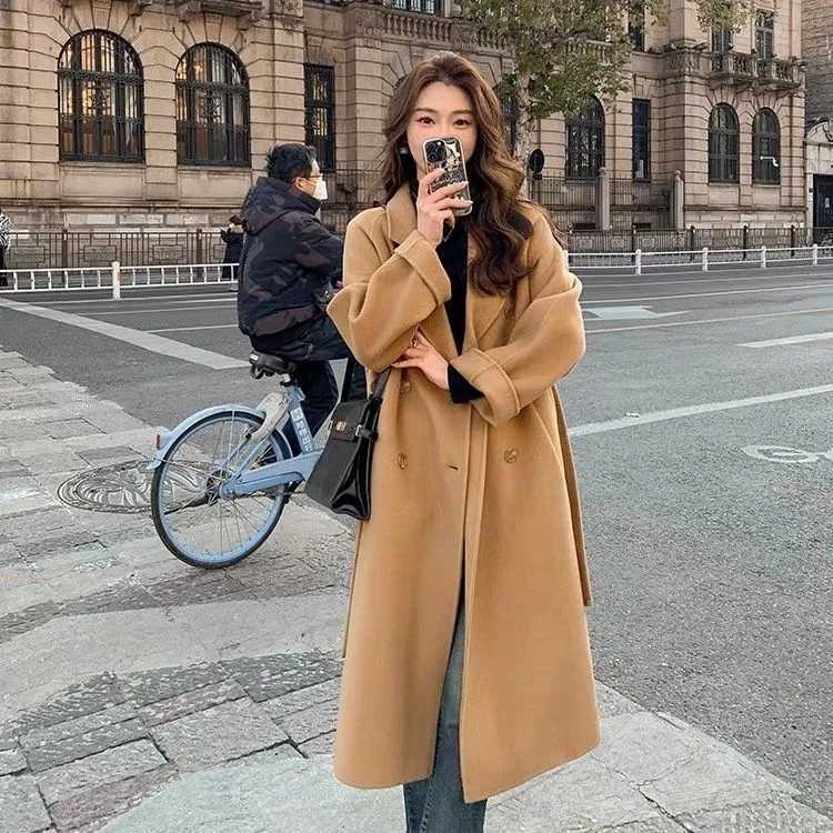 Lace UP Long Coat Women 2024 Spring Faux Woolen Full Sleeve Female Midi Jacket Fashion Single Breasted Loose Causal Lady CoatsX241009