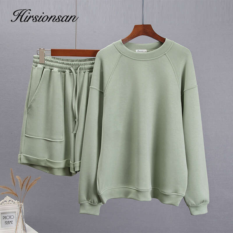 Hirsionsan Soft Cotton Sets Women 2023 New Casual Two Pieces Long Sleeve Sweatshirt & High Waist Shorts Solid Outfits Tracuit