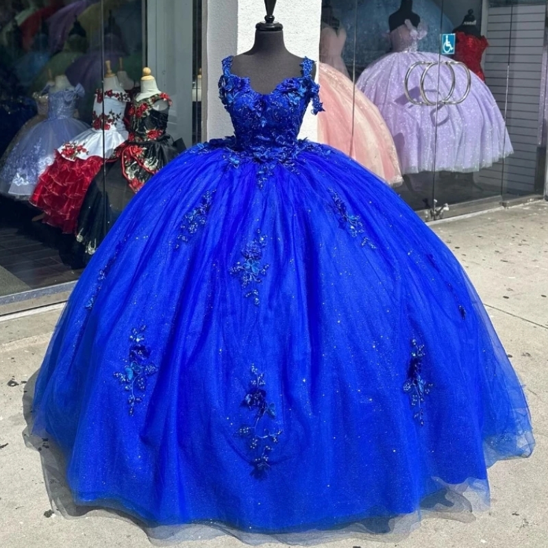 Royal Blue Shiny Sweetheart Quinceanera Dresses Party Birthday Dress Floral 3D Flowers Beaded Corset Sweet 16 Dress Vestidos De 15 Anos
