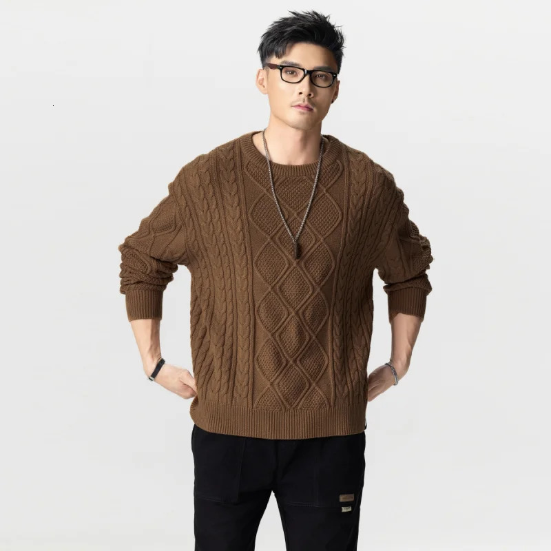American retro knit sweater men loose round neck twisted casual tops lazy wind versatile Large size 241018