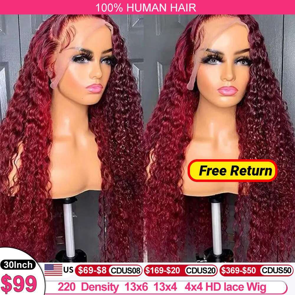 99J Bury 13x6 HD Frontal Wigs Colored Curly Human Hair Red Deep Wave 4x4 Lace Front Closure Wig 30 Inches