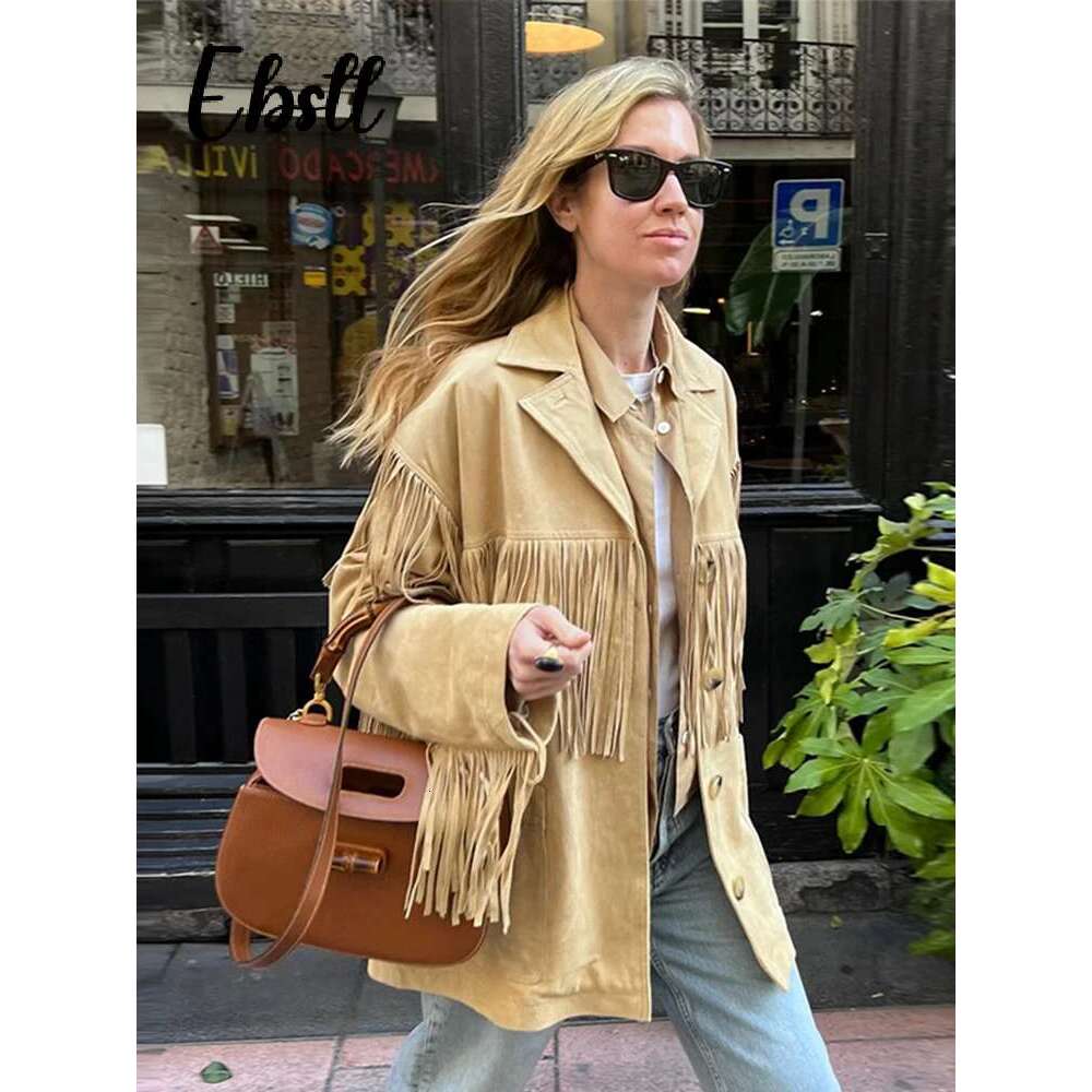 Vintage Faux Suede Tassel Jacket Women Elegant Long Sleeve Single-Breasted Lapel Coats 2024 Autumn New Lady Loose Urban Outwear