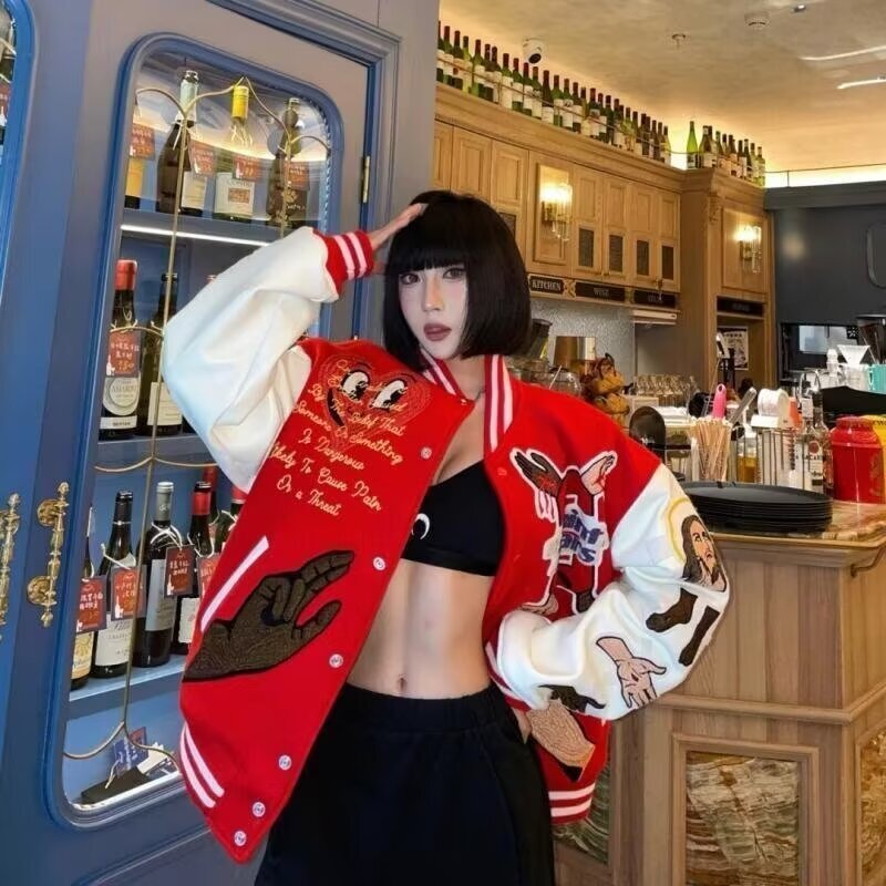 Y2k American Uniform Coat Loose Red Embroidery High Quality Men Casual Spring Women Baseball Jacket