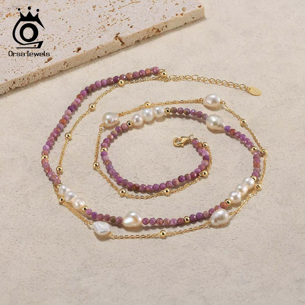 ORSA JEWELS Sweet Necklace 100% 925 Silver Layer Pink Pearl Stone Girl Necklace Pearl Necklace Wholesale MPN01 241018