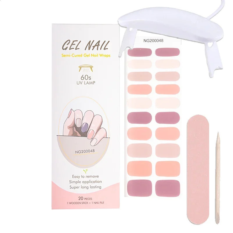 Semi-Cured Gel Nail Patch Set 20 Sheet with UV Lamp Adhesive Solid color shiny Sliders Long Lasting Full Cover Nail Gel Wrap 241017