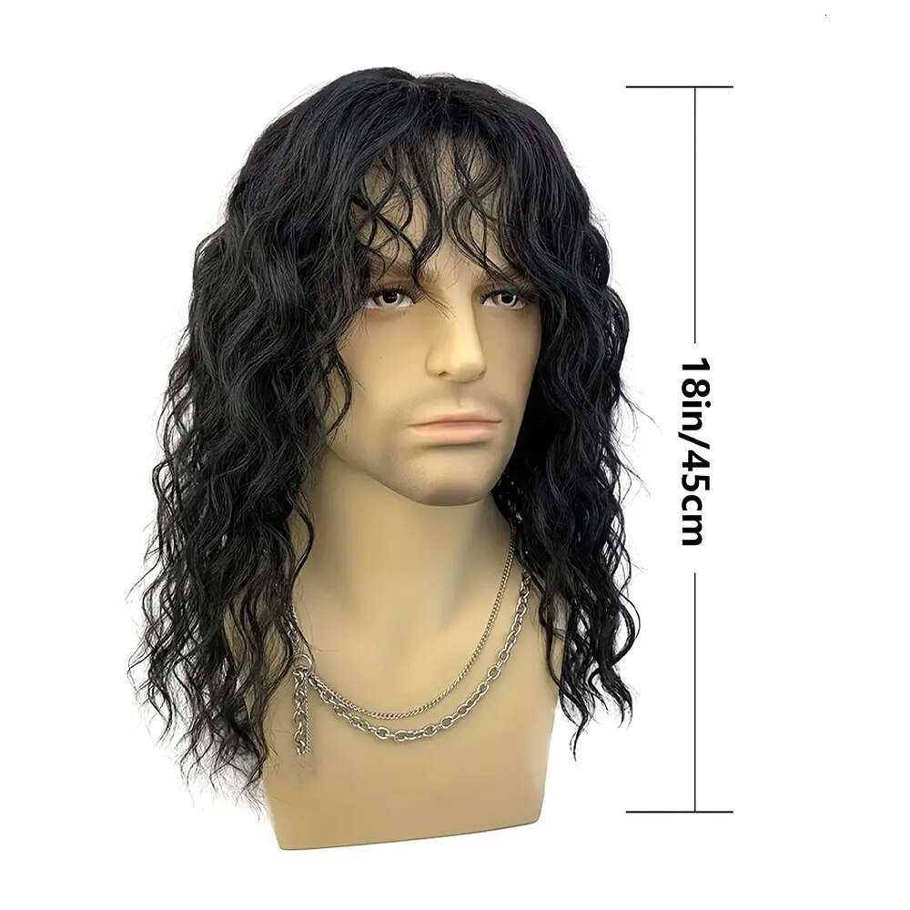 18 Inch Synthetic Rock Men/Women Black White Bangs Long Wavy Curly Party or Halloween Wig
