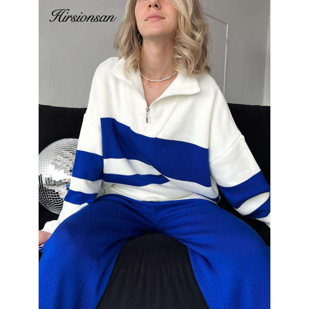 Hirsionsan 2023 Elegant Knitted Sweaters Suit Women Winter Loose Zip Collar Two Piece Sets Ladies Wide Pants Knitwear Tracuits