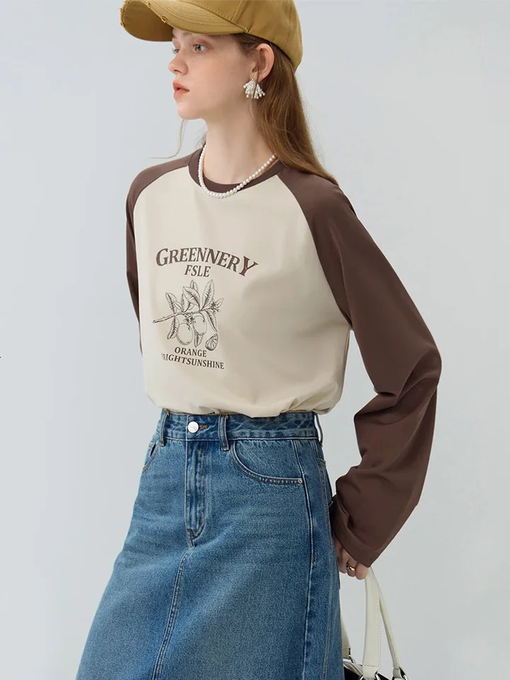 FSLE Contrasting Raglan Sleeve Print Long Women Top Autumn Casual Round Neck Female Tshirts 241018