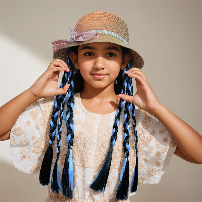 Children's Wig, Female Fisherman's Hat, Cross Dyed Fried Dough Twists Braid, Integrated Imitation Hair, Ponytail