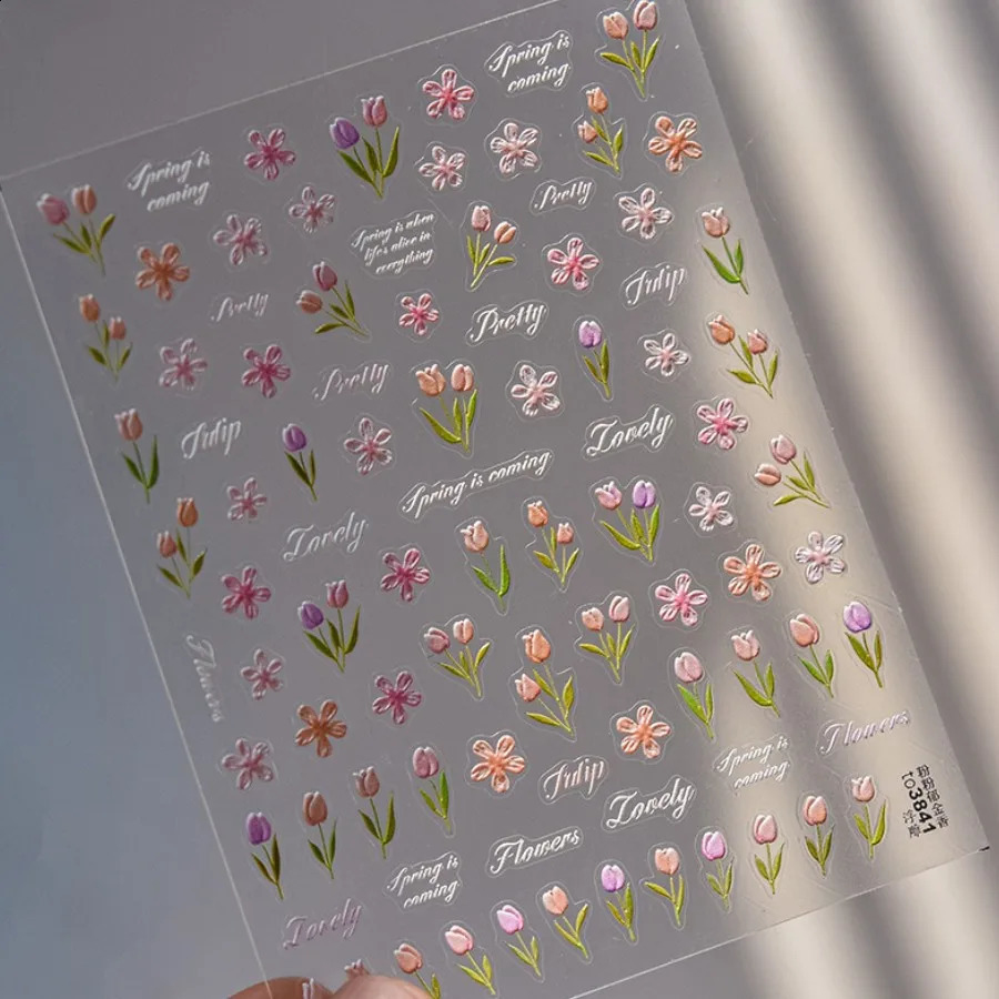 1PCS Pink Tulip Flower 5D Nail Stickers Cute Jelly Embossed Relief Mini Flower Nail Art Stickers Nail Decorations Supplies Parts 241017