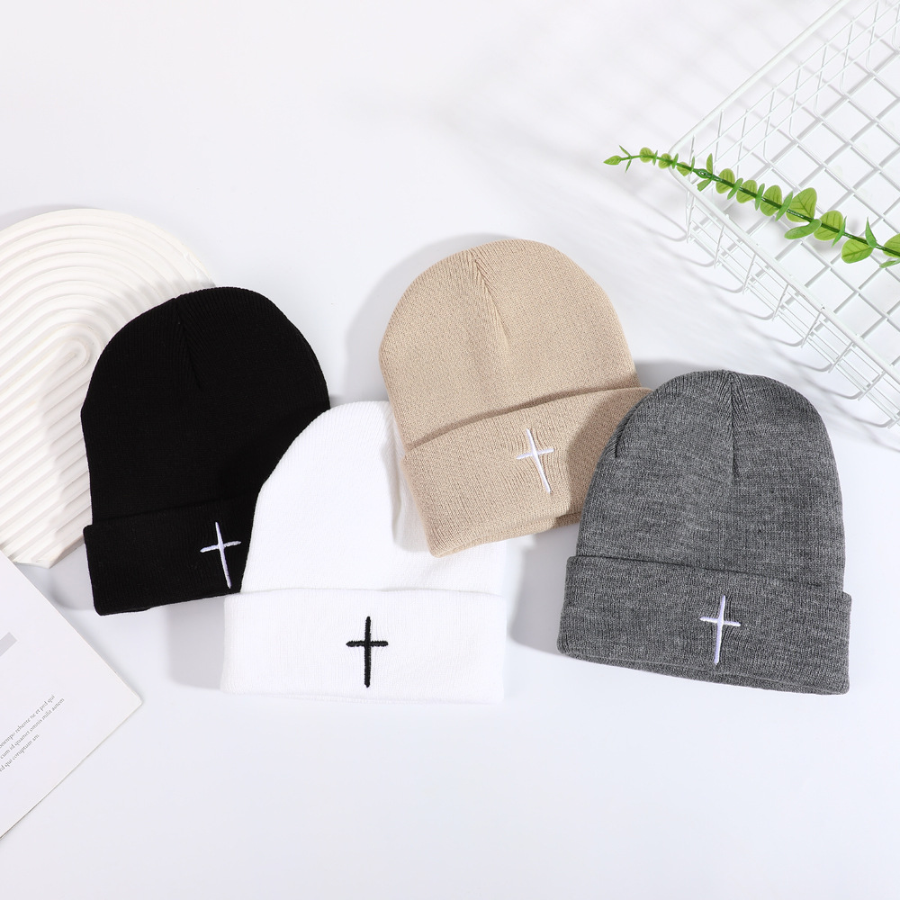 Trendy Cross Embroidered Unisex Beanie Perfect for Casual Outdoors in Fall and Winter