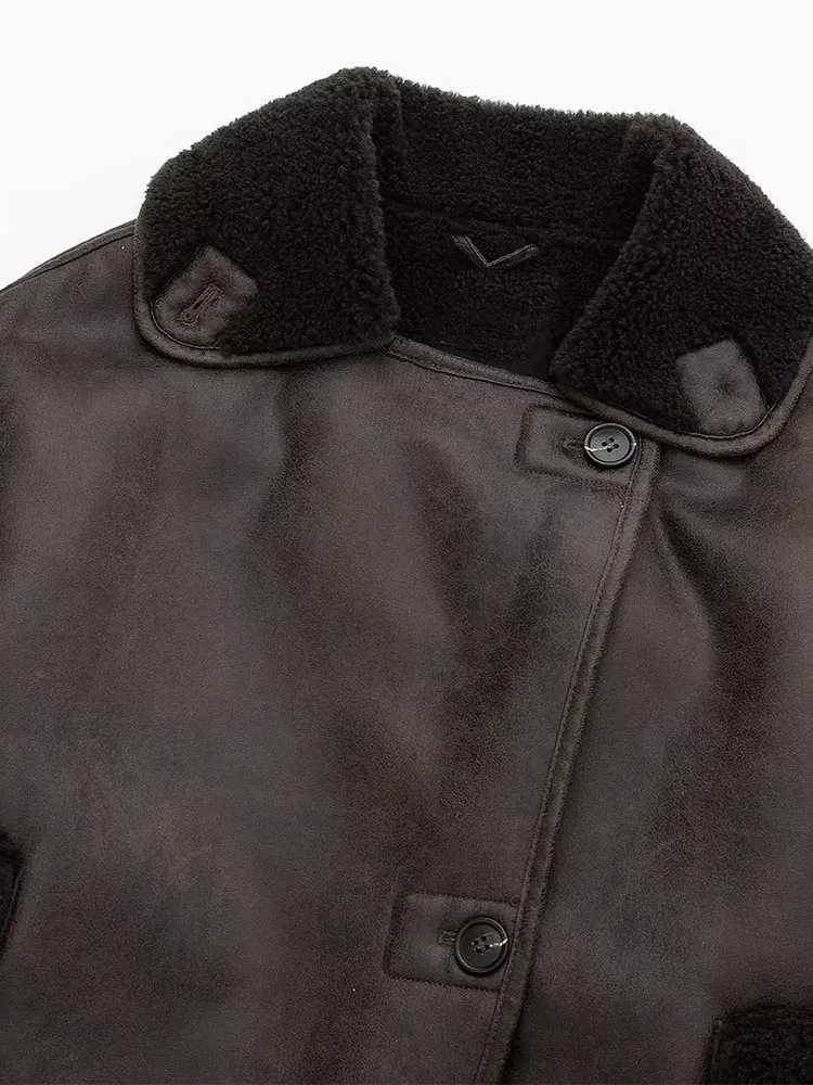TRAF 2023 Winter Womens New Vintage Thick Lapel Faux Leather Lambswool Jacket Single Breasted Pocket Street Warm Coats OutwearX241018