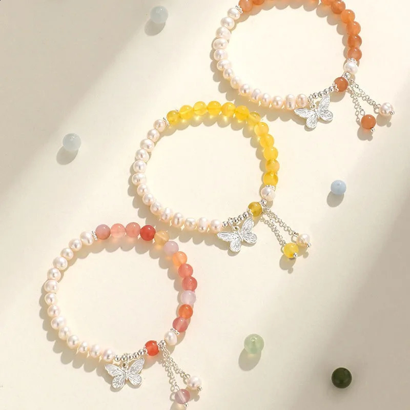 Minar Exquisite Silver Copper Contrast Natural Stone Crystal Freshwater Pearl Tassel Butterfly Chain Bracelet 241018