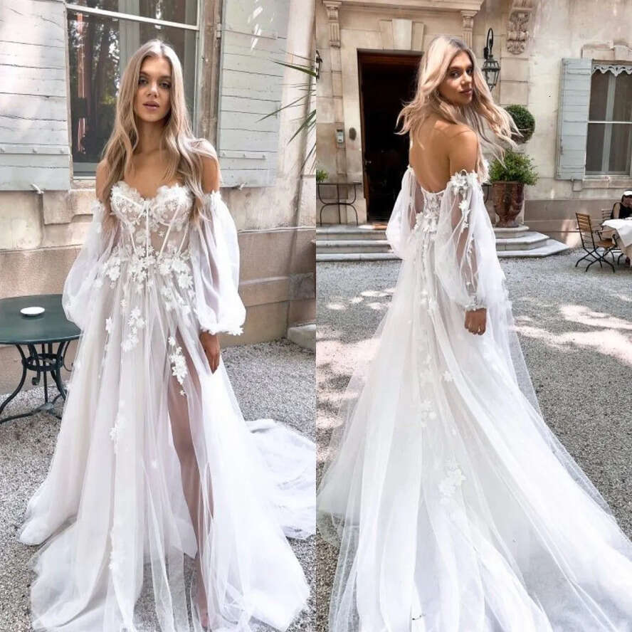 E Boho Dresses A Appliques Puffy Sleeve Tulle Designer Bridal Gowns Sweep Train Wedding Dress ppliques