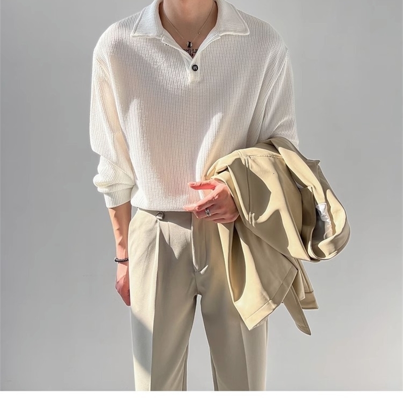 Spring Autumn Men Long Sleeve Polo Neck Loose T-shirt Casual Base Shirt Breathable Other Fiber Mixed Korean Style 241017