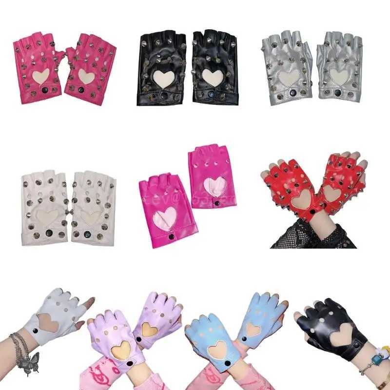 Punk Sty Rivet Half Finger Womens Puath Performance Gloves Dance Motorcycle Riding GlovesW241018