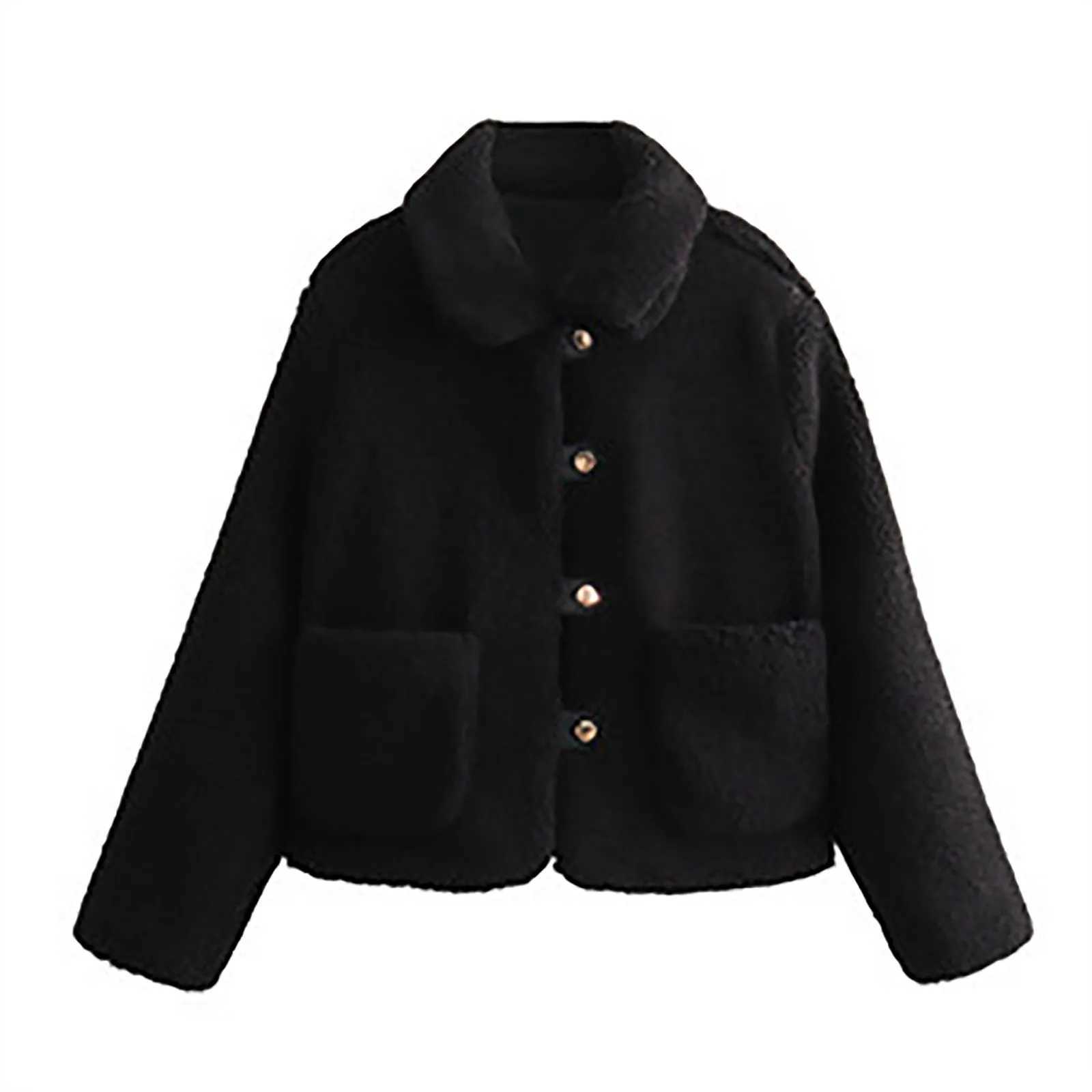 Fall/Winter Solid Color Lapel Short Jacket Women Fleece Cold Weather Warm Lamb Wool Jackets Single Breast Casual Comfy CoatX241018