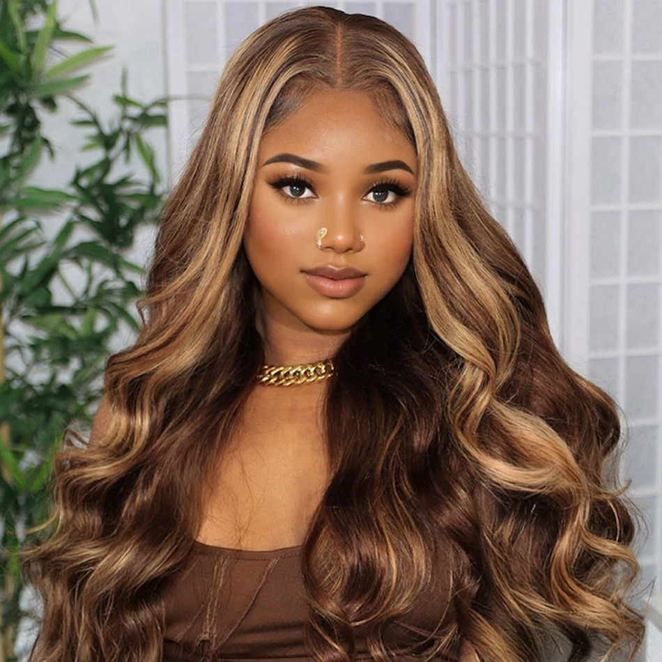 200 Density 427 Highlight Ombre 13X6 HD Frontal Body Wave Human Hair 13X4 Lace Front Wig 13X5 30 32Inch Brazilian Brown