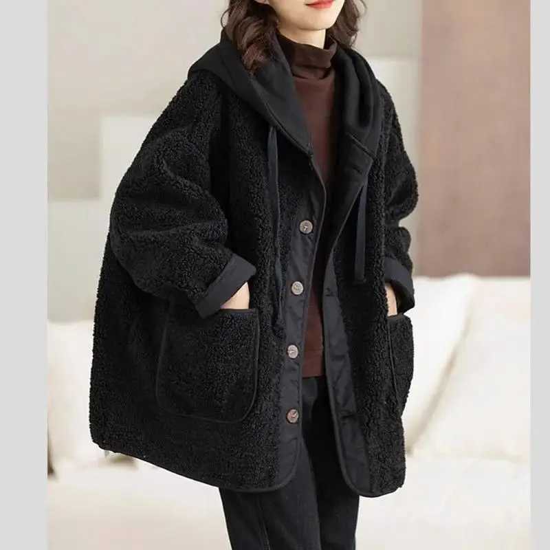 Lamb Wool Fleece Hooded Cotton-padded Jacket Coat Autumn Winter Women Clothes Patchwork Oversize Warm Fake Two Pieces SweatshirtX241018