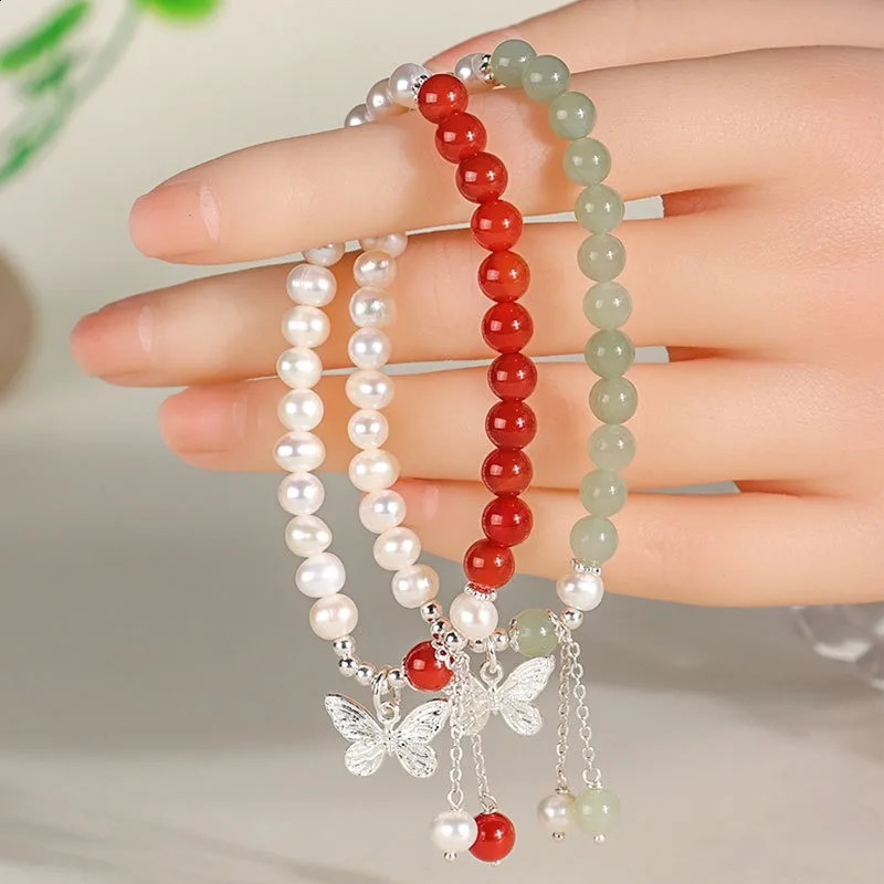 Minar Exquisite Silver Copper Contrast Natural Stone Crystal Freshwater Pearl Tassel Butterfly Chain Bracelet 241018