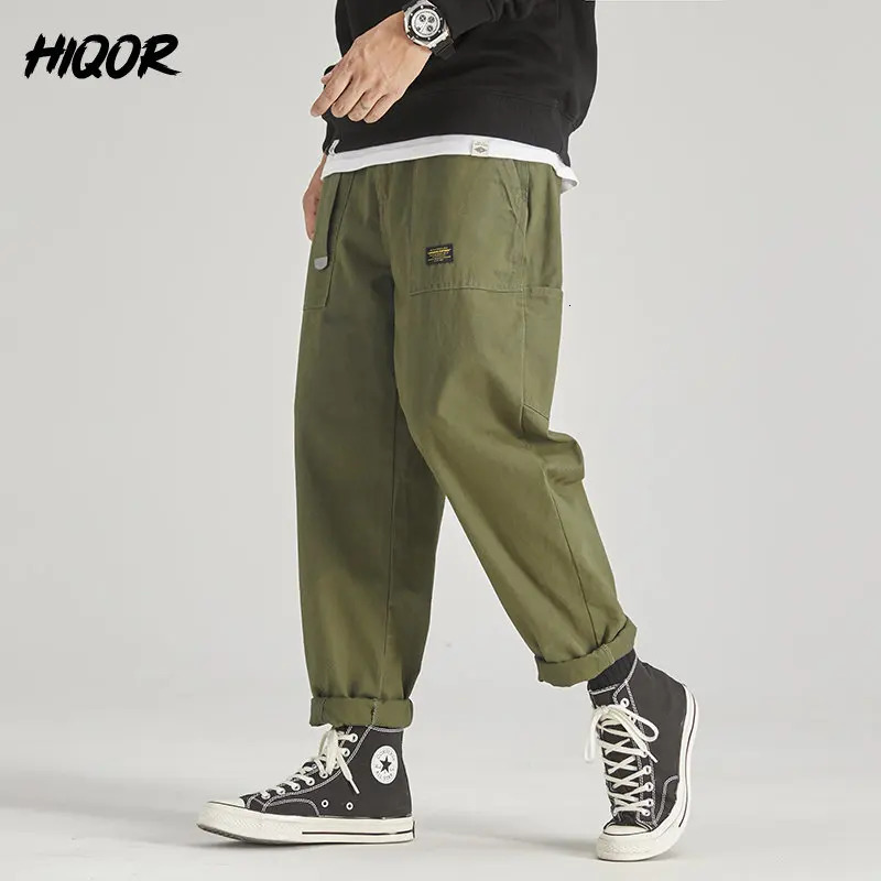 HIQOR Autumn Winter Mens Pant Cargo Pants Casual Multi Pocket Trouser Plus Size Fashion Belt n Baggy Joger Streetwear Male 241018