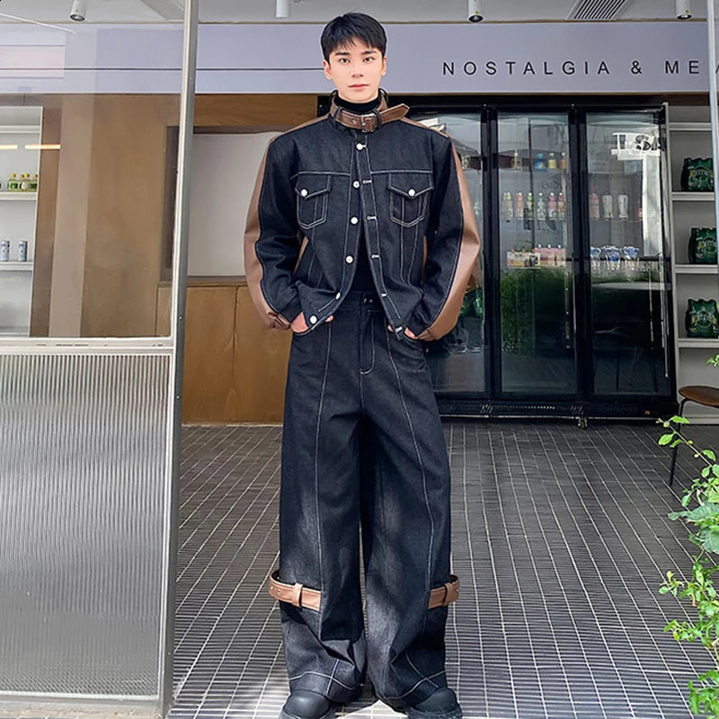 IEFB Thickened Denim Set Mens Wear Trendy PU Patchwork Two-piece Sets Autumn Winter Stand Neck Jacket Wide Leg Jeans 9C3561 241017