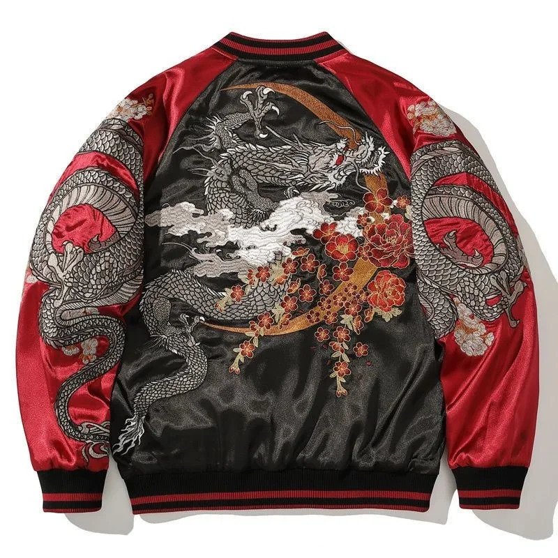 Embroidered Dragon Hip Hop Jacket Contrast Color High Street Baseball Coat Harajuku Trendy Outerwear Casual Loose For Men 241018