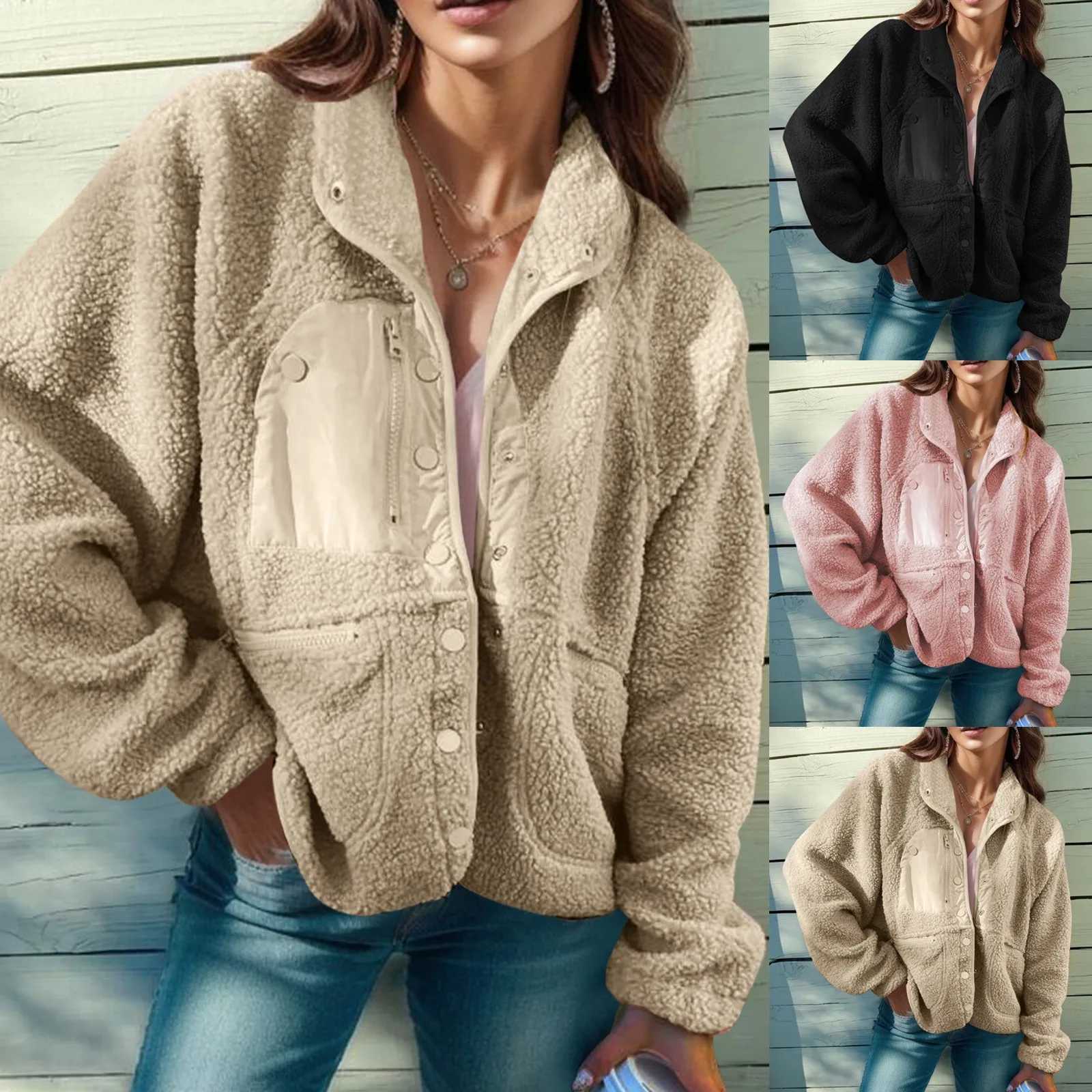Womens New Cardigan Plush Jacket Vintage Lamb Wool Coats Autumn And Winter Fashion Casual Warm Outwear Lapel Button Pocket TopsX241018