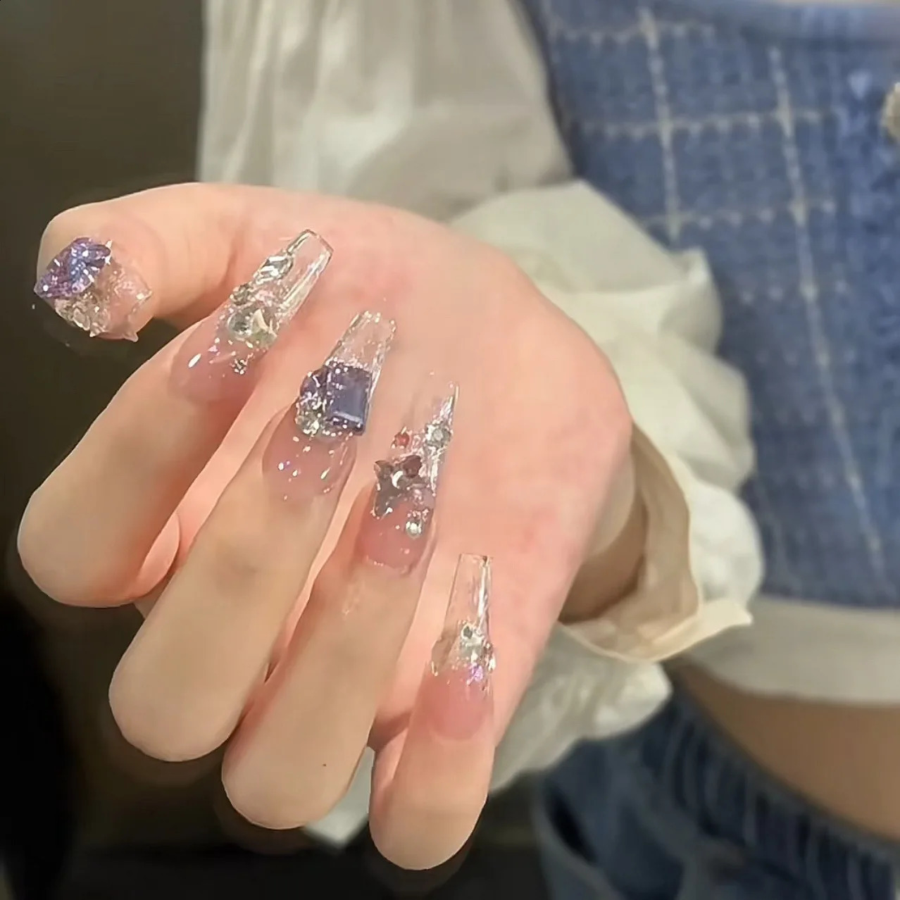 Korean Nail Handmade Manicure Wearable Nail Stickers false Nail Stickers Butterfly Glitter Diamond Nail Art 241017