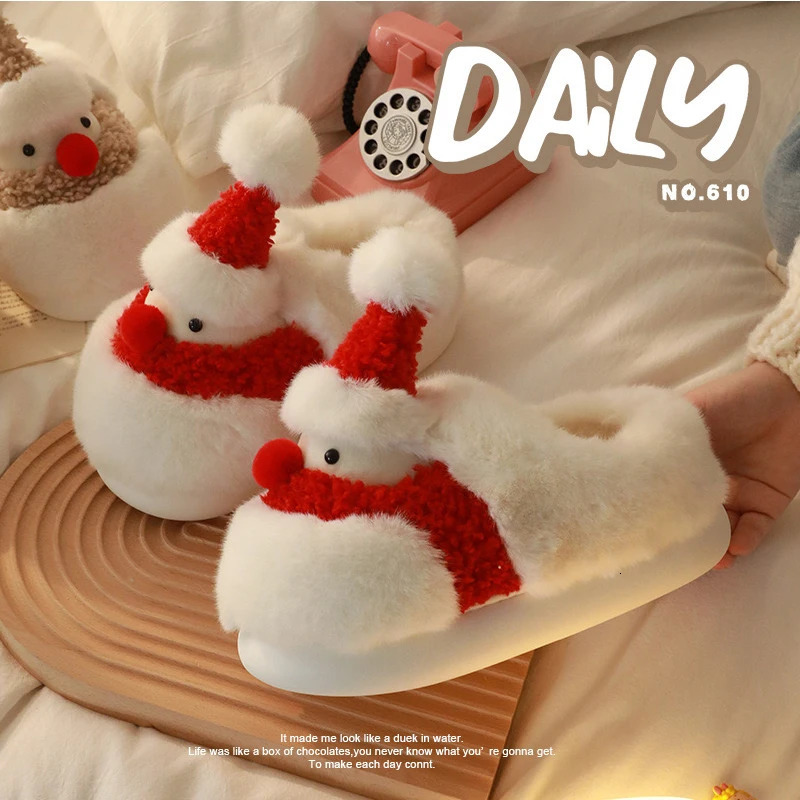 Hairy Santa Claus household slippers heel wrap anti slip thick soled cute mens and womens Christmas warm shoes winter241018bj