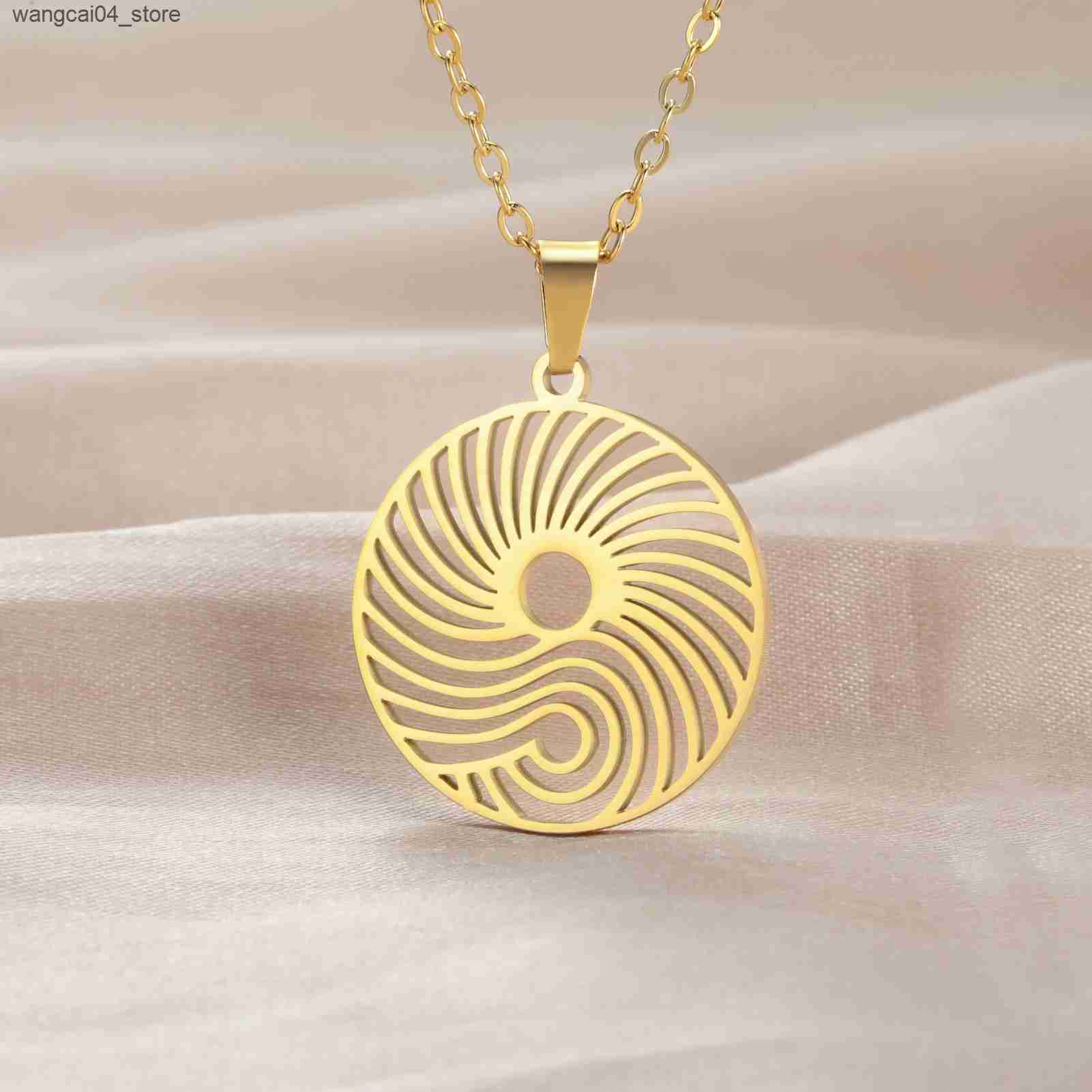 Chokers Cazador stainless steel sun wave hollow circular pendant necklace womens spiral rotating necklace jewelry birthday gift 2024 trend L240910