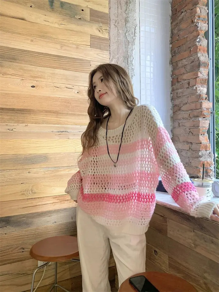 Pink Long Sleeve Tshirt Women Summer Thin Section Hollow Ice Silk Knit Sunscreen Coverall Korean Loose Tops Rainbow Stripes 241018