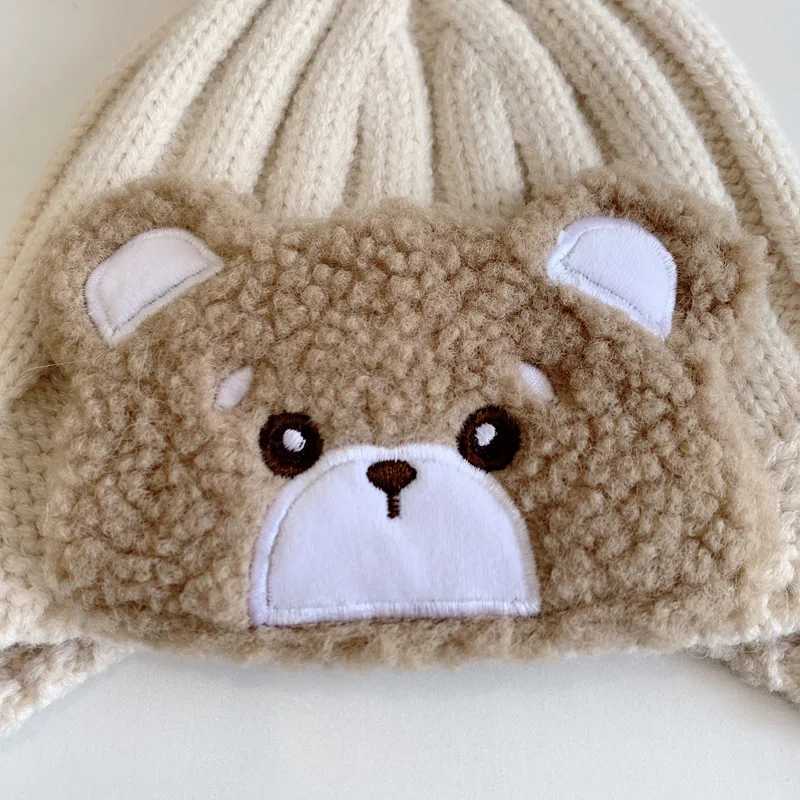 Baby Earmuff Hat Cute Bear Infant Knitted Cap Winter Pompom Kids Ear Protection Hats Toddler Thicken Woolen Caps LX241018