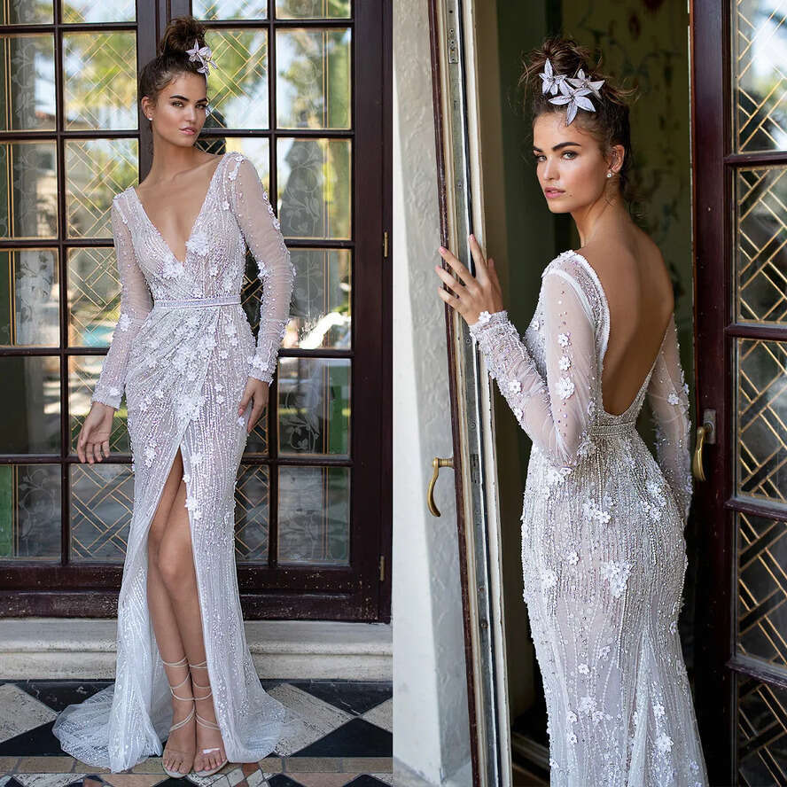 Dresses Wedding Glamorous Mermaid V Neck Long Sleeves Sequins D Wer Applicants Stripe Court Custom Made Plus Size Bridal Gown Vestidos De Novia estido