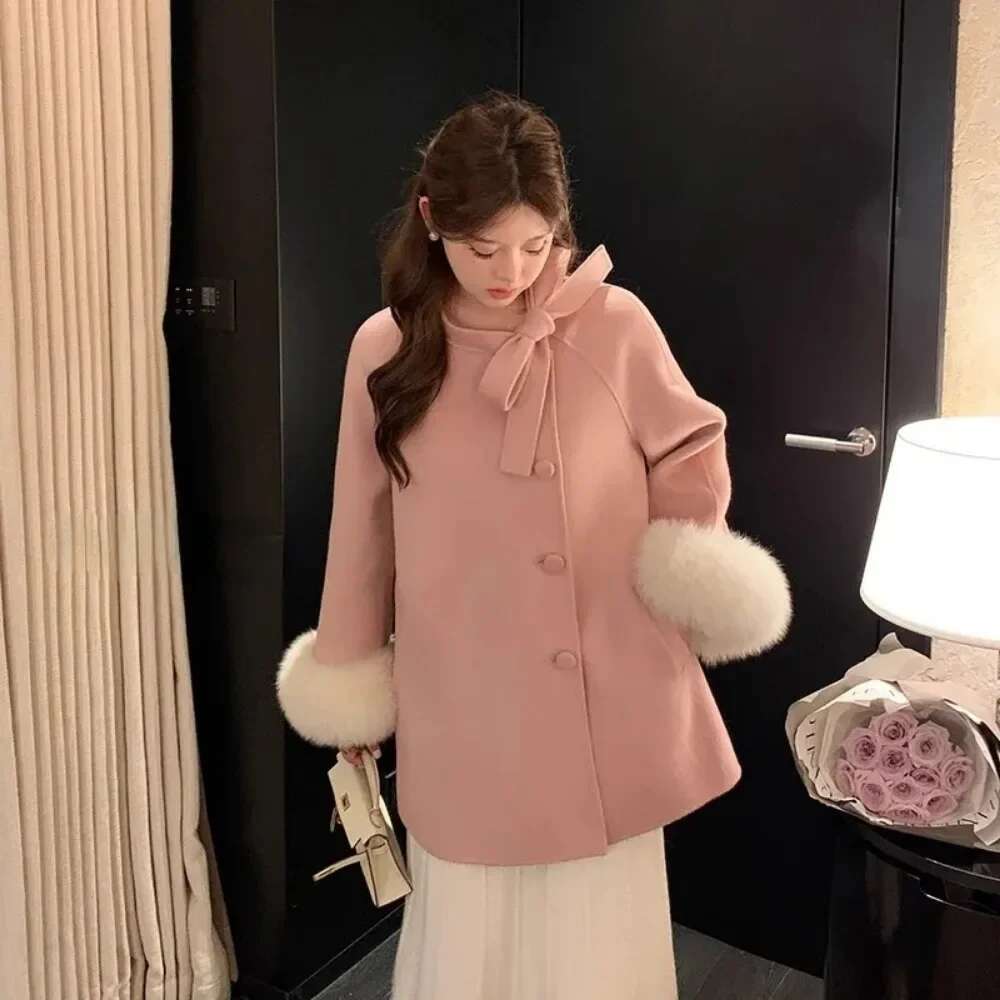 Coat Women Autumn And Winter 2024 New Double Sided Woolen Real Fox Fur Loose Bow Clip Wool Outerwear Female