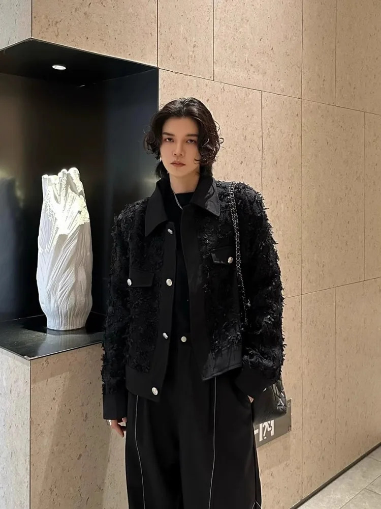 Fashion Mens n Tassels Black Jacket Single Breasted Loose Fit Casual Outerwear Long Sleeve TurnDown Collar Short Coat Male 241018