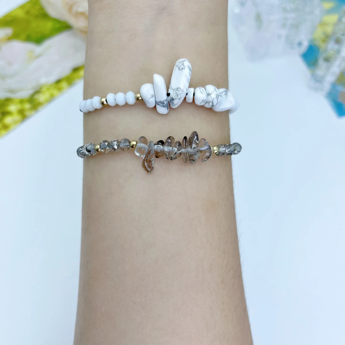 12 pieces/card multi-color natural stone hand woven bracelet irregular bead woven bracelet summer beach style 241018