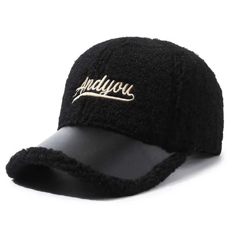 Men Women Lamb Wool Embroidery Letter Baseball Cap Autumn Female Winter Warm Outdoors Fashion Snapback Adjustable Hat CasquetteX241018