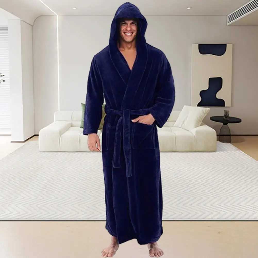 Hooded Fleece Bathrobe Luxurious Mens Hooded Bathrobe Super Soft Fluffy Highly Absorbent with Adjustable Belt Solid ColorXJ241018