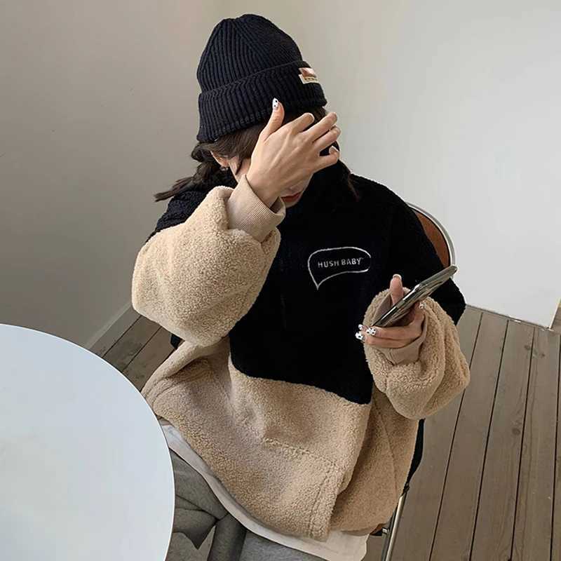 Winter Korean Casual Women Hoodie Sweatshirt Harajuku Lamb Wool Zipper Half High Collar Coat Letters Hush Baby Female PulloverX241018