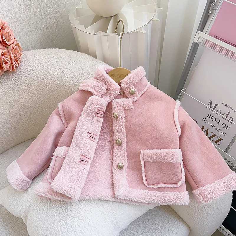 2024 Winter New Girls Jacket Solid Color Lamb Wool Lining Thick Keep Warm Lapel Fashion Coats For 2-8 Years Kids Plush SnowsuitX241018
