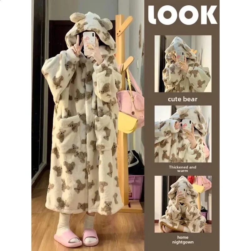 Winter Cartoon Bear Pajama Set Thick Coral Velvet Warm Cute Style Explosive Pattern Mens Pajamas 241009