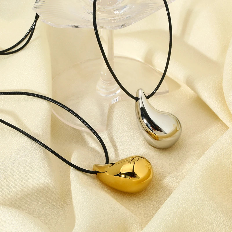 Fashionable gold-plated stainless steel thick water droplet pendant necklace suitable for women black rope geotextile necklace gift 241018