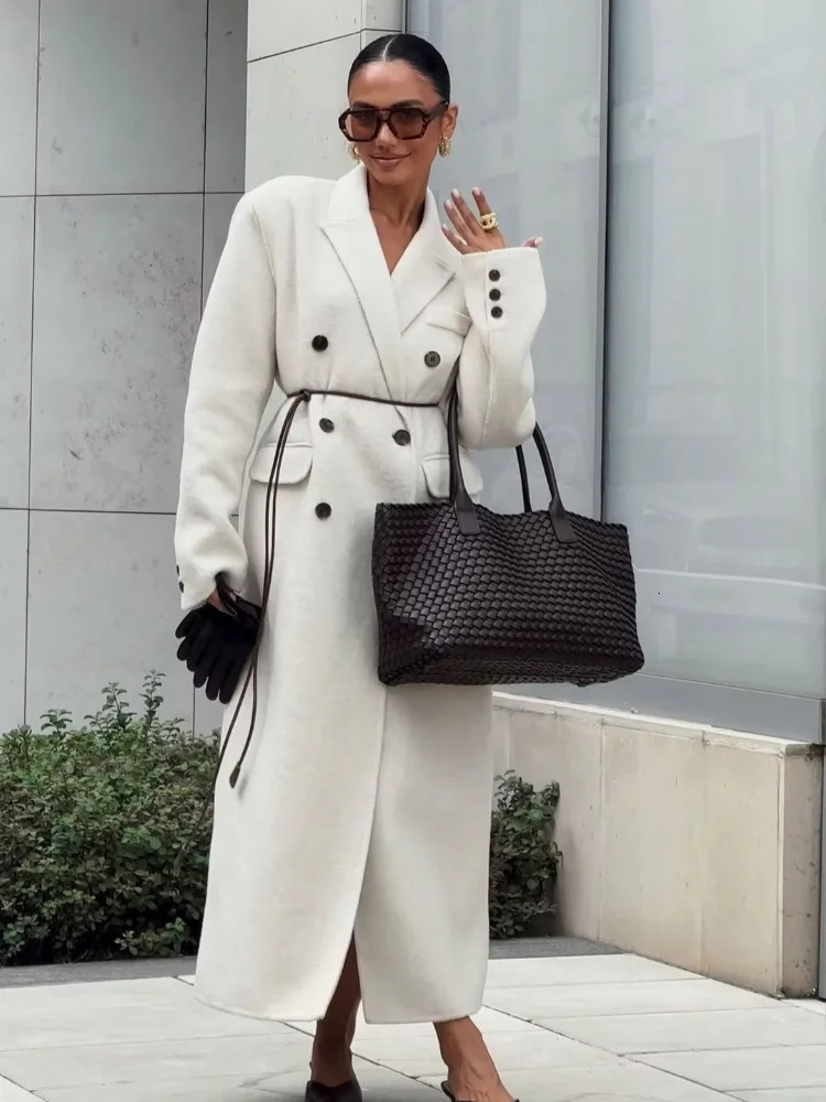 Chic Double Breasted Pocket Classic Womens Wool Blend Coat Long Sleeved Lapel Solid Color Autumn Coats Lady Street Outwear 241018