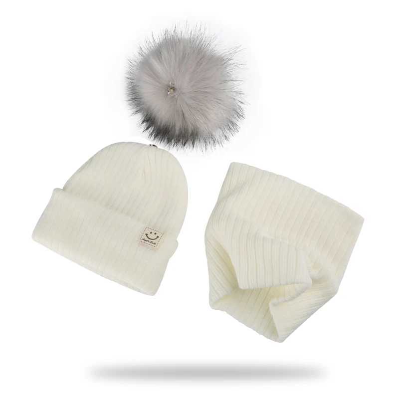 Winter Unisex Faux Fur Pompon Hat Scarf For Kids Boys Girls Knitted Baby Caps With Pompom Bonnet Childrens Accessories LX241018